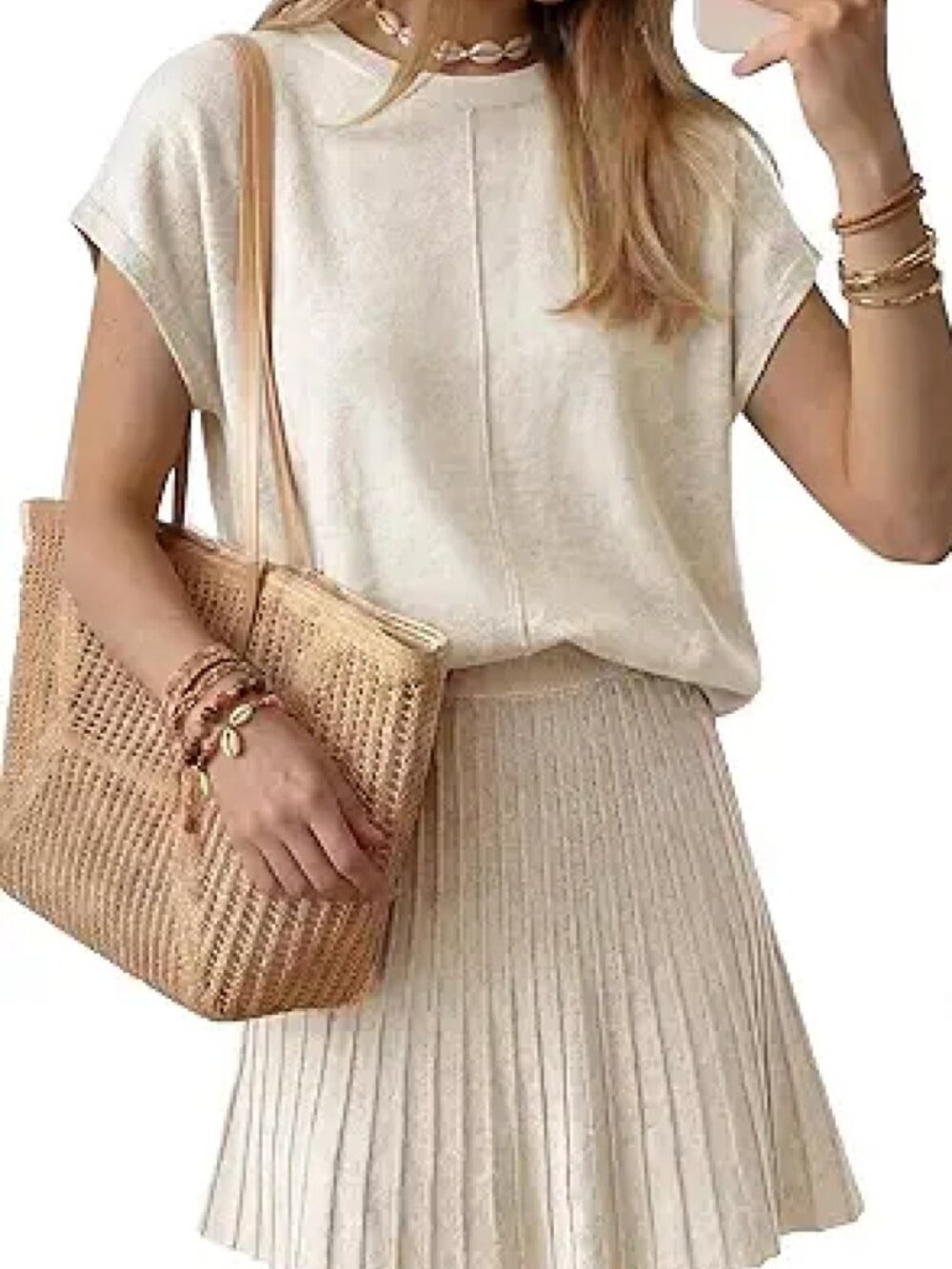 Women's Wool Blend Knit 2 Piece Sets Summer Casual Cap Sleeve Tops Pleated Mini